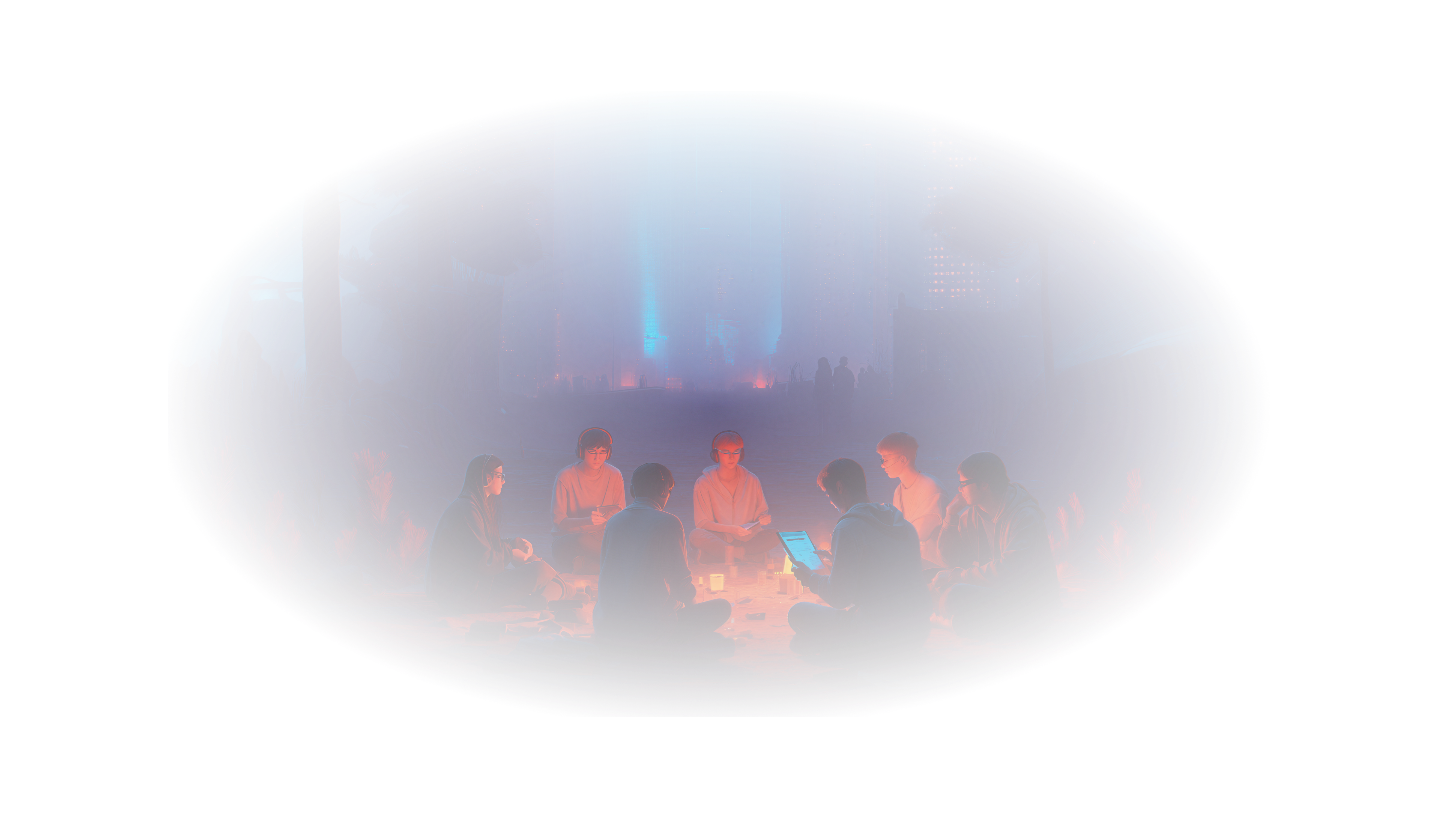 A group studying together outdoors at dusk, listening while relaxing away from their desks.